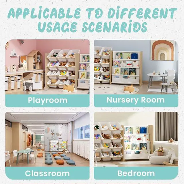 Alt view image 5 of 7 - Kids Toy Storage Organizer - Toy Organizer with Bookshelf, Toy Storage with 12 Toy White Bins and 4 Book Shelves, Toy Organizers and Storage for Playroom, Nursery, Kids Room, Burlywood