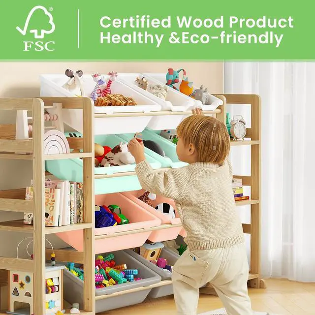 Alt view image 3 of 7 - Extra Large Toy Storage - Toy Storage Organizer, Wooden Toy Organizer with 6 Side Shelves and 12 Bins, 3-in-1 Bookshelf for Kids Rooms, Playroom, Nursery, Multi Color
