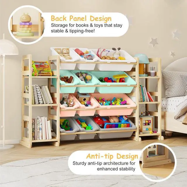 Alt view image 4 of 7 - Extra Large Toy Storage - Toy Storage Organizer, Wooden Toy Organizer with 6 Side Shelves and 12 Bins, 3-in-1 Bookshelf for Kids Rooms, Playroom, Nursery, Multi Color