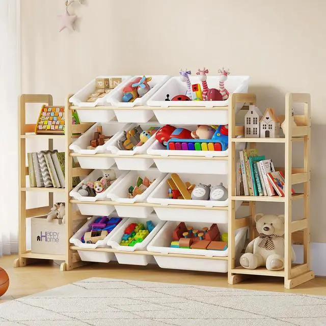 Main image of Extra Large Toy Storage - Toy Storage Organizer, Wooden Toy Organizer with 6 Side Shelves and 12 Bins, 3-in-1 Bookshelf for Kids Rooms, Playroom, Nursery, White