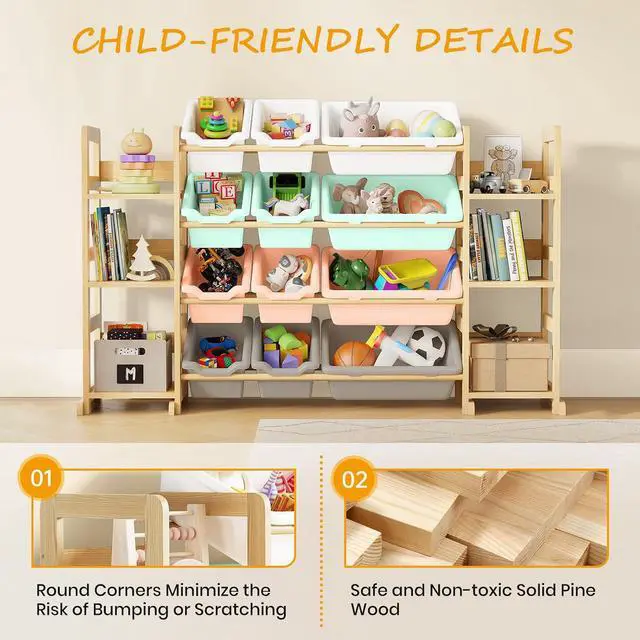 Alt view image 5 of 7 - Extra Large Toy Storage - Toy Storage Organizer, Wooden Toy Organizer with 6 Side Shelves and 12 Bins, 3-in-1 Bookshelf for Kids Rooms, Playroom, Nursery, Multi Color