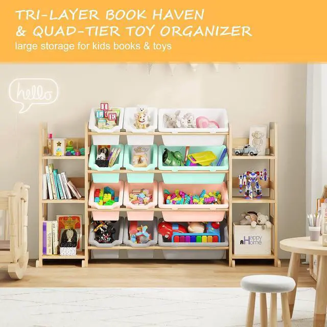 Alt view image 7 of 7 - Extra Large Toy Storage - Toy Storage Organizer, Wooden Toy Organizer with 6 Side Shelves and 12 Bins, 3-in-1 Bookshelf for Kids Rooms, Playroom, Nursery, Multi Color