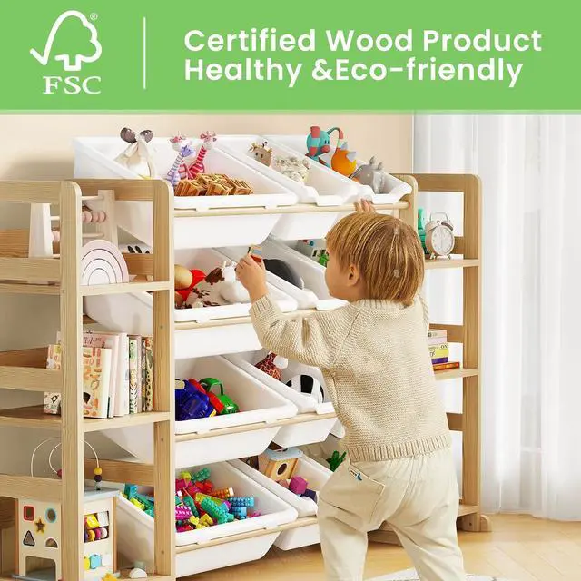 Alt view image 3 of 7 - Extra Large Toy Storage - Toy Storage Organizer, Wooden Toy Organizer with 6 Side Shelves and 12 Bins, 3-in-1 Bookshelf for Kids Rooms, Playroom, Nursery, White