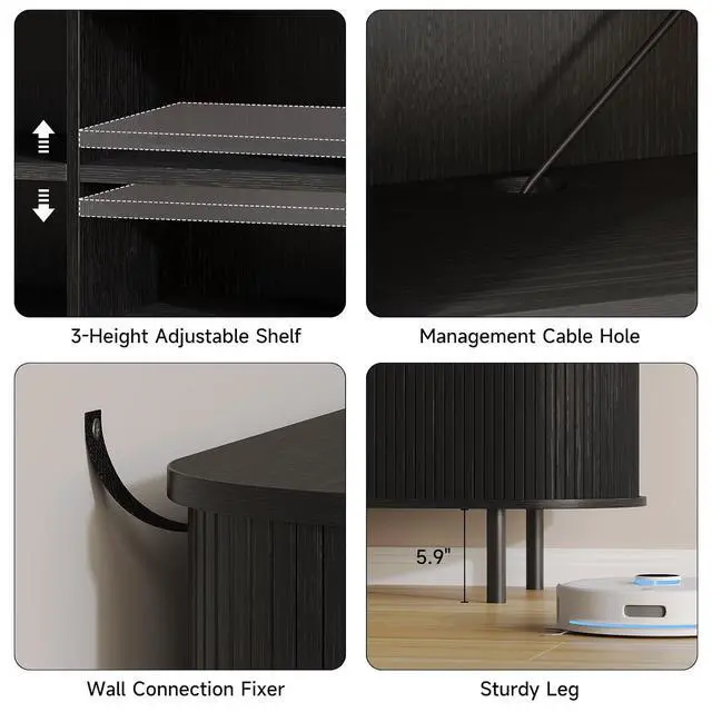 Alt view image 6 of 7 - 63" TV Stand with Storage for TVs up to 70", Fluted Entertainment Center with Power Outlet, Modern Media Console with Sliding Door, Adjustable Shelves, TV Stands for Living Room, Black