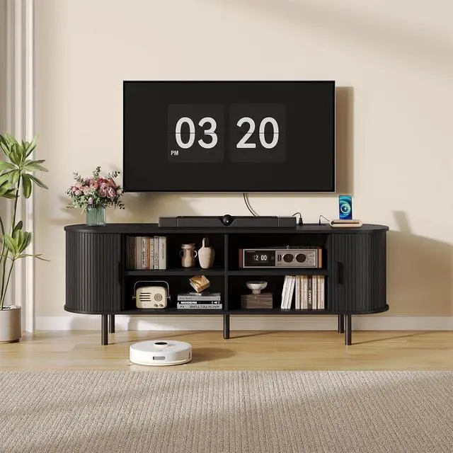 Alt view image 7 of 7 - 63" TV Stand with Storage for TVs up to 70", Fluted Entertainment Center with Power Outlet, Modern Media Console with Sliding Door, Adjustable Shelves, TV Stands for Living Room, Black