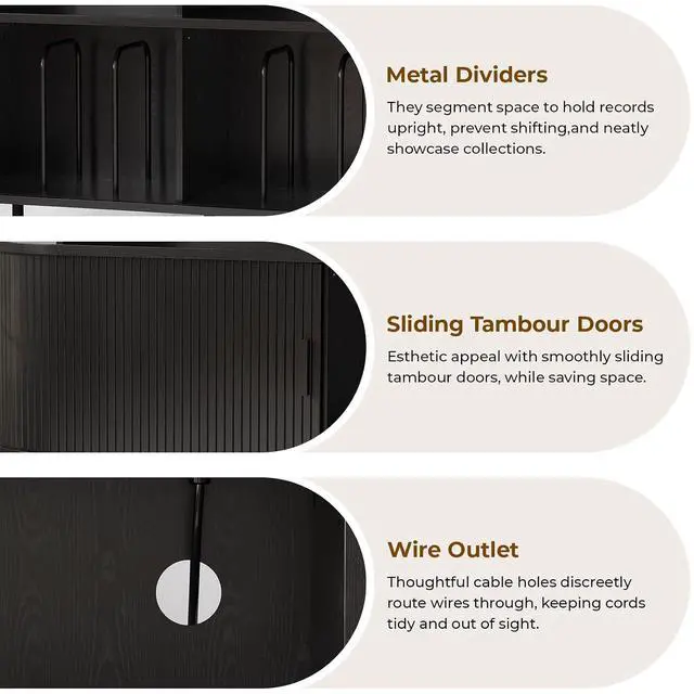 Alt view image 5 of 7 - Mid Century Modern Record Player Cabinet with Vinyl Storage (Black)