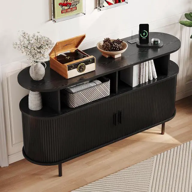 Alt view image 6 of 7 - Mid Century Modern Record Player Cabinet with Vinyl Storage (Black)