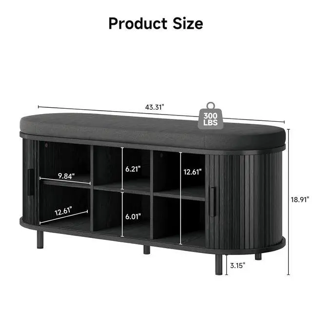 Alt view image 2 of 7 - 43" Fluted Storage Bench, Entryway Shoe Bench with Storege Black