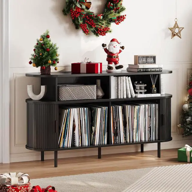 Alt view image 7 of 7 - Mid Century Modern Record Player Cabinet with Vinyl Storage (Black)