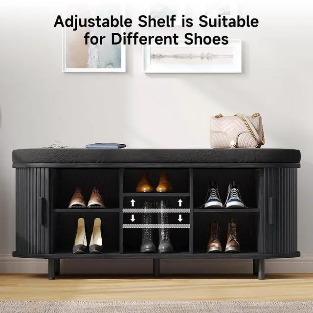 Alt view image 3 of 7 - 43" Fluted Storage Bench, Entryway Shoe Bench with Storege Black