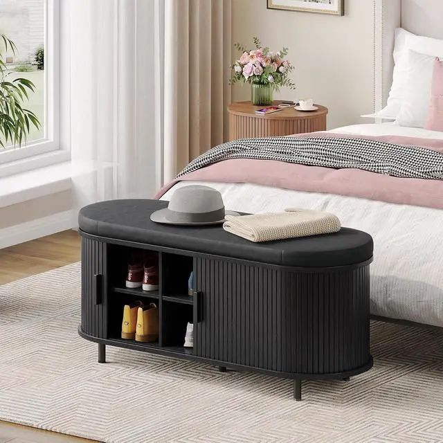 Alt view image 6 of 7 - 43" Fluted Storage Bench, Entryway Shoe Bench with Storege Black