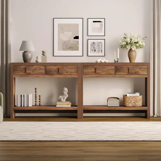 Alt view image 4 of 7 - 40" Entryway Table, Console Table with 2 Storage Drawers, Brown