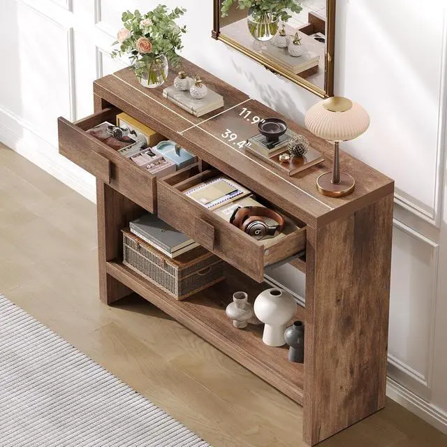 Alt view image 3 of 7 - 40" Entryway Table, Console Table with 2 Storage Drawers, Brown