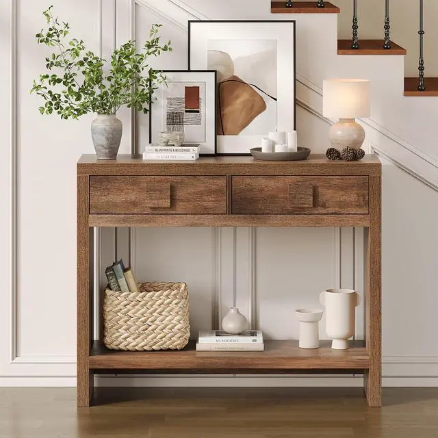 Alt view image 7 of 7 - 40" Entryway Table, Console Table with 2 Storage Drawers, Brown