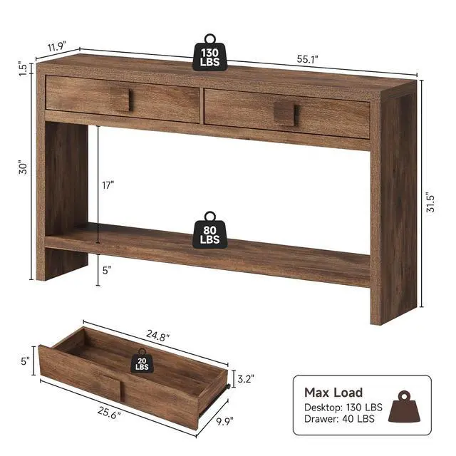 Alt view image 2 of 7 - 55" Entryway Table, Console Table with 2 Storage Drawers, Brown