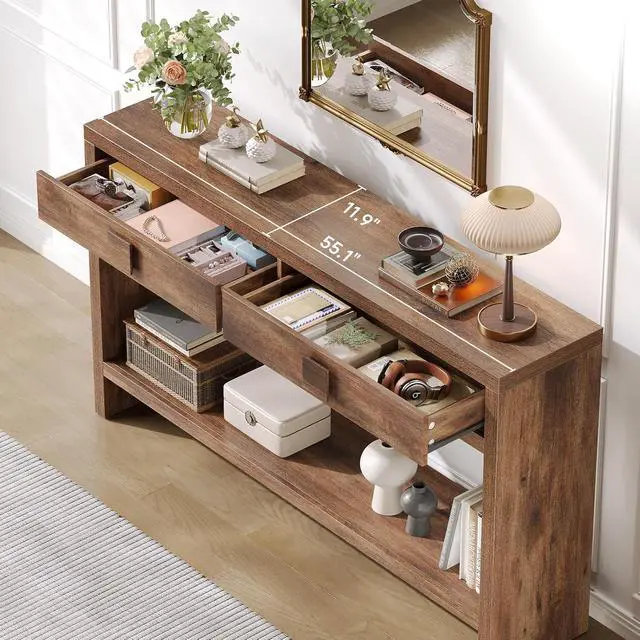 Alt view image 3 of 7 - 55" Entryway Table, Console Table with 2 Storage Drawers, Brown