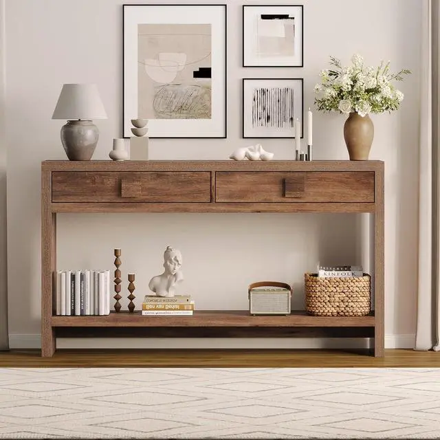 Alt view image 4 of 7 - 55" Entryway Table, Console Table with 2 Storage Drawers, Brown