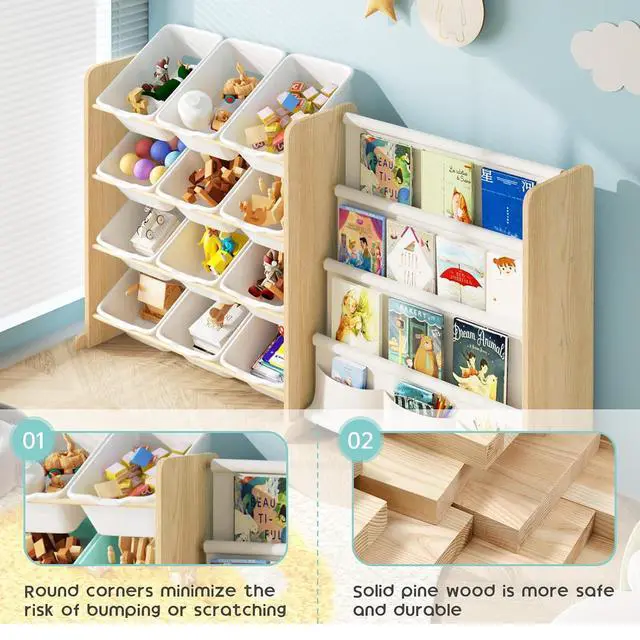 Alt view image 7 of 7 - Kids Toy Storage Organizer - Toy Organizer with Bookshelf, Toy Storage with 12 Toy White Bins and 4 Book Shelves, Toy Organizers and Storage for Playroom, Nursery, Kids Room, Burlywood