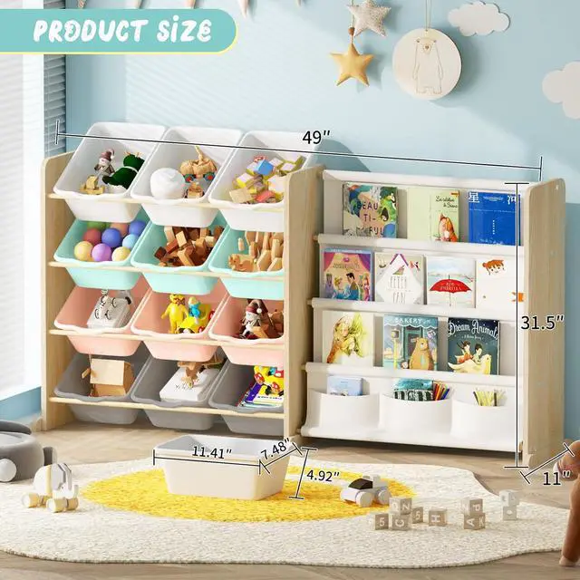 Alt view image 2 of 7 - Kids Toy Storage Organizer with Bookshelf - 12 Multi-Color Bins and 4 Book Shelves, Organizers and Storage for Playroom, Nursery, Room, Burlywood