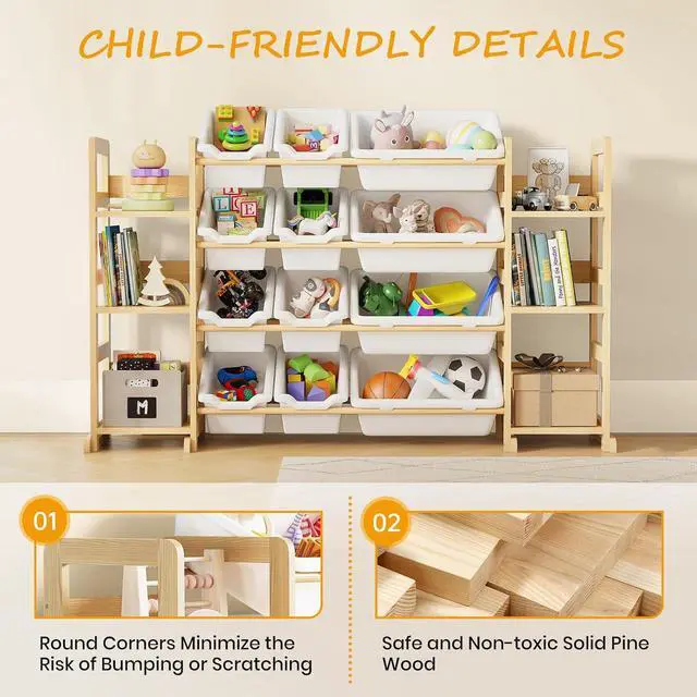 Alt view image 5 of 7 - Extra Large Toy Storage - Toy Storage Organizer, Wooden Toy Organizer with 6 Side Shelves and 12 Bins, 3-in-1 Bookshelf for Kids Rooms, Playroom, Nursery, White