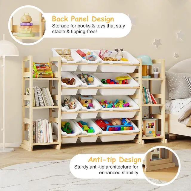 Alt view image 4 of 7 - Extra Large Toy Storage - Toy Storage Organizer, Wooden Toy Organizer with 6 Side Shelves and 12 Bins, 3-in-1 Bookshelf for Kids Rooms, Playroom, Nursery, White