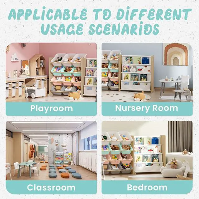 Alt view image 6 of 7 - Kids Toy Storage Organizer with Bookshelf - 12 Multi-Color Bins and 4 Book Shelves, Organizers and Storage for Playroom, Nursery, Room, Burlywood