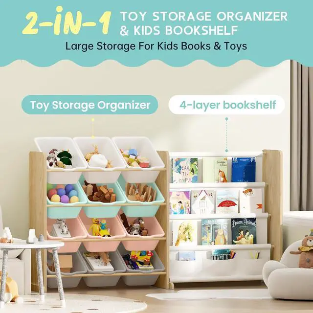 Alt view image 7 of 7 - Kids Toy Storage Organizer with Bookshelf - 12 Multi-Color Bins and 4 Book Shelves, Organizers and Storage for Playroom, Nursery, Room, Burlywood