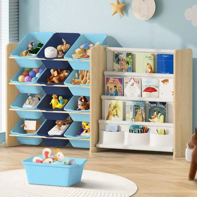 Main image of Kids Toy Storage Organizer - Toy Storage with Bookshelf, Toy Organizer with 12 Blue Bins and 4 Book Shelves, Toy Organizers and Storage for Playroom, Nursery, Kids Room, Burlywood