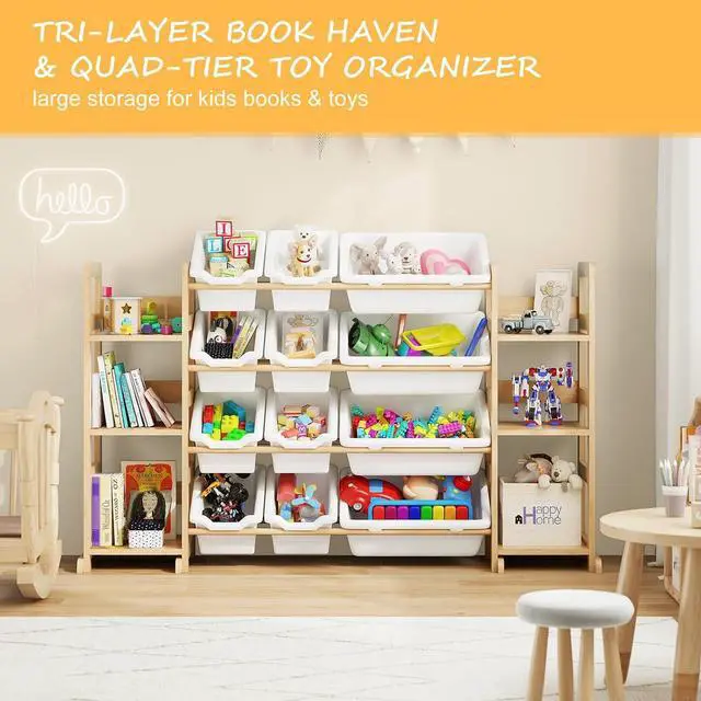 Alt view image 7 of 7 - Extra Large Toy Storage - Toy Storage Organizer, Wooden Toy Organizer with 6 Side Shelves and 12 Bins, 3-in-1 Bookshelf for Kids Rooms, Playroom, Nursery, White
