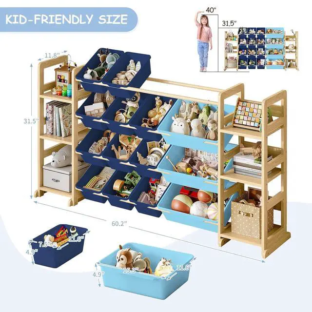 Alt view image 2 of 7 - Extra Large Toy Storage - Toy Storage Organizer, Wooden Toy Organizer with 6 Side Shelves and 16 Bins, 3-in-1 Bookshelf for Kids Rooms, Playroom, Nursery, Blue