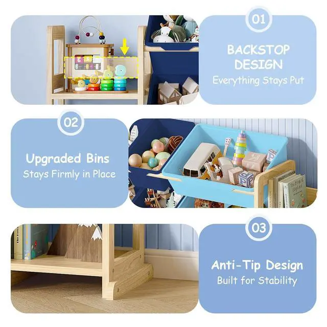 Alt view image 4 of 7 - Extra Large Toy Storage - Toy Storage Organizer, Wooden Toy Organizer with 6 Side Shelves and 16 Bins, 3-in-1 Bookshelf for Kids Rooms, Playroom, Nursery, Blue