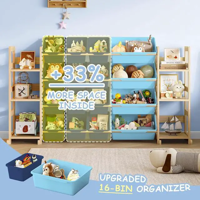 Alt view image 3 of 7 - Extra Large Toy Storage - Toy Storage Organizer, Wooden Toy Organizer with 6 Side Shelves and 16 Bins, 3-in-1 Bookshelf for Kids Rooms, Playroom, Nursery, Blue