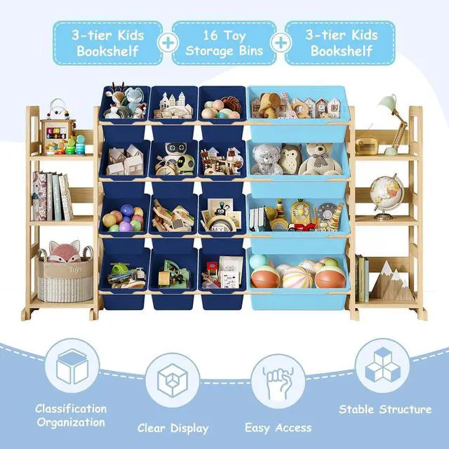 Alt view image 5 of 7 - Extra Large Toy Storage - Toy Storage Organizer, Wooden Toy Organizer with 6 Side Shelves and 16 Bins, 3-in-1 Bookshelf for Kids Rooms, Playroom, Nursery, Blue