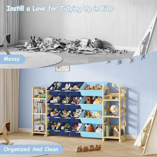 Alt view image 6 of 7 - Extra Large Toy Storage - Toy Storage Organizer, Wooden Toy Organizer with 6 Side Shelves and 16 Bins, 3-in-1 Bookshelf for Kids Rooms, Playroom, Nursery, Blue