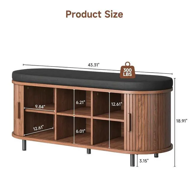 Alt view image 2 of 7 - 43" Fluted Storage Bench, Entryway Shoe Bench with Storege Walnut