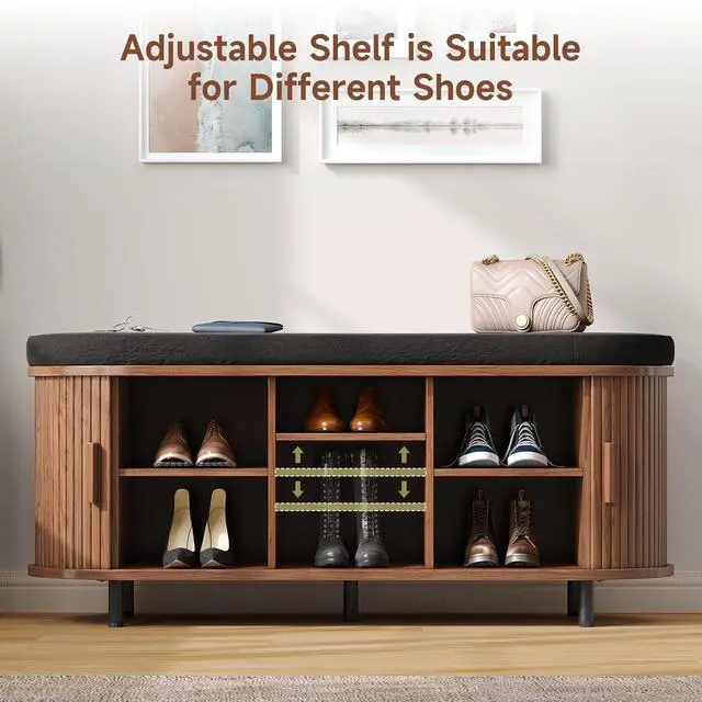 Alt view image 3 of 7 - 43" Fluted Storage Bench, Entryway Shoe Bench with Storege Walnut