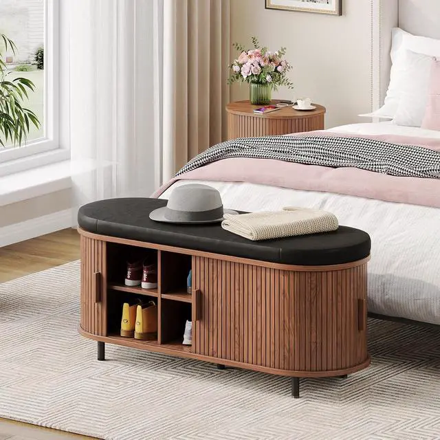 Alt view image 6 of 7 - 43" Fluted Storage Bench, Entryway Shoe Bench with Storege Walnut