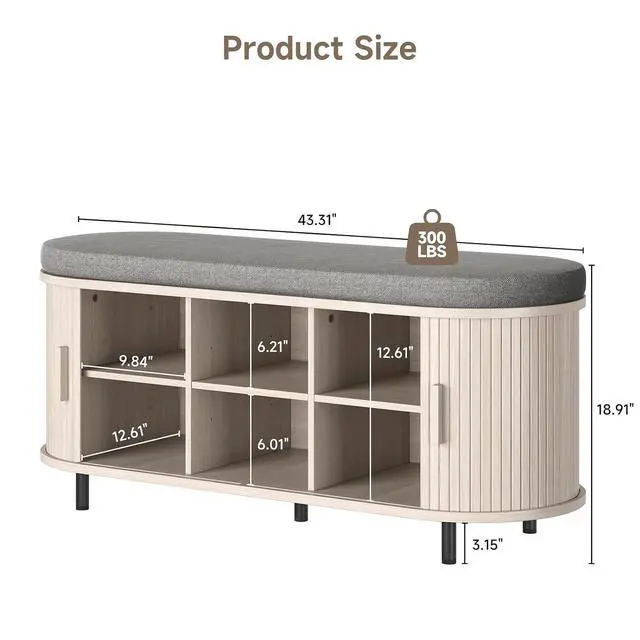Alt view image 2 of 7 - 43" Fluted Storage Bench, Entryway Shoe Bench with Storege White