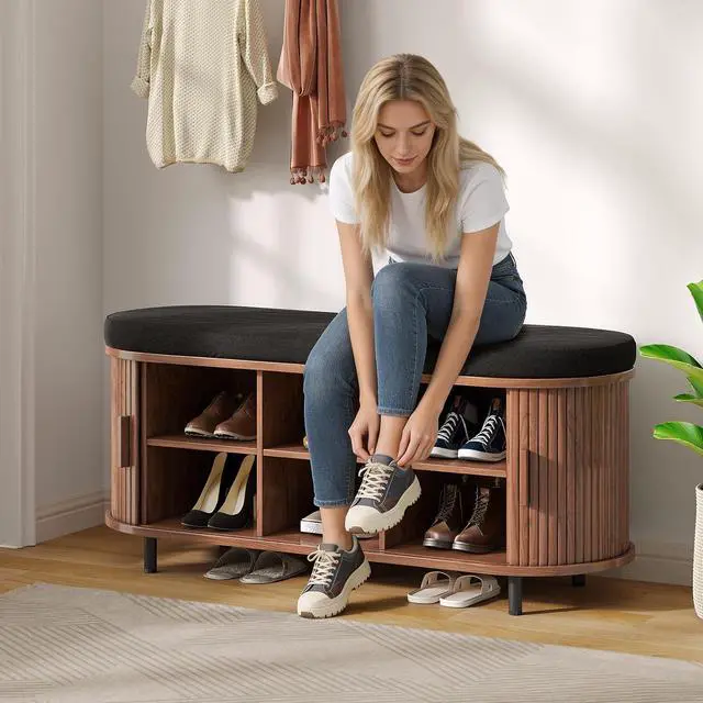 Alt view image 7 of 7 - 43" Fluted Storage Bench, Entryway Shoe Bench with Storege Walnut