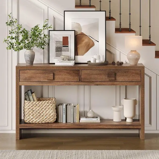 Alt view image 7 of 7 - 55" Entryway Table, Console Table with 2 Storage Drawers, Brown