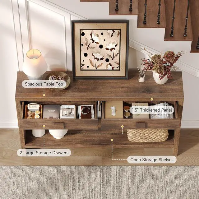 Alt view image 6 of 7 - 55" Entryway Table, Console Table with 2 Storage Drawers, Brown