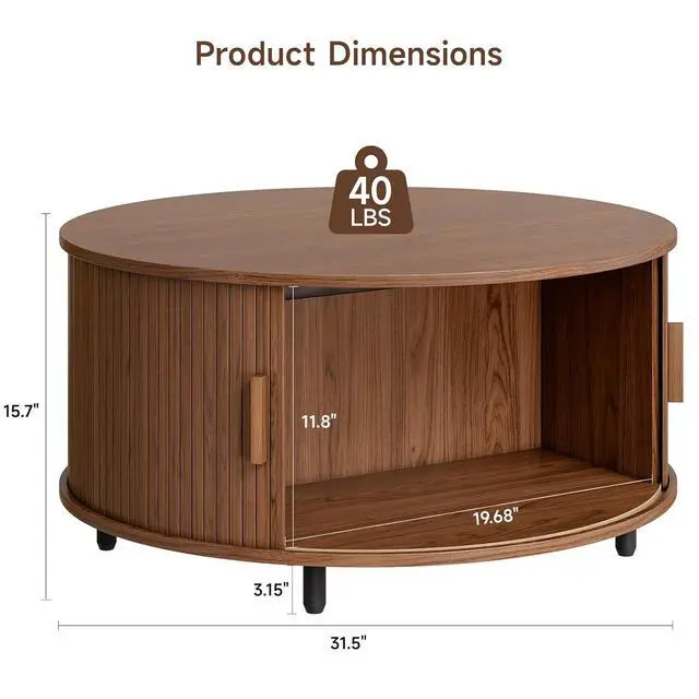 Alt view image 2 of 7 - 31.5 Inch Round Coffee Table, Mid-Century Modern Coffee Table wtih Storage, Fluted Coffee Table with Adjustable Footpads, 360° Rotating Sliding Door, Center Table for Living Room (Walnut)