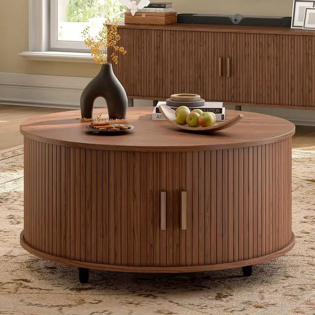 Alt view image 3 of 7 - 31.5 Inch Round Coffee Table, Mid-Century Modern Coffee Table wtih Storage, Fluted Coffee Table with Adjustable Footpads, 360° Rotating Sliding Door, Center Table for Living Room (Walnut)