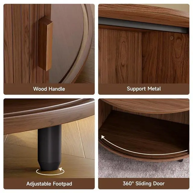 Alt view image 6 of 7 - 31.5 Inch Round Coffee Table, Mid-Century Modern Coffee Table wtih Storage, Fluted Coffee Table with Adjustable Footpads, 360° Rotating Sliding Door, Center Table for Living Room (Walnut)