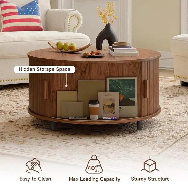 Alt view image 5 of 7 - 31.5 Inch Round Coffee Table, Mid-Century Modern Coffee Table wtih Storage, Fluted Coffee Table with Adjustable Footpads, 360° Rotating Sliding Door, Center Table for Living Room (Walnut)