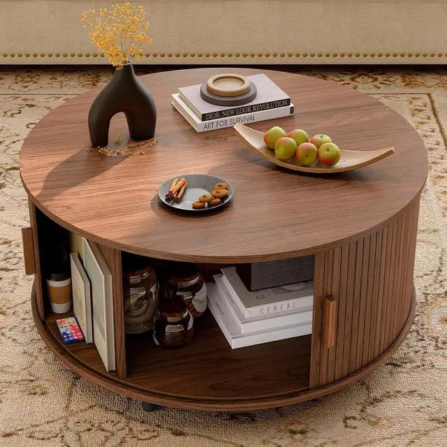 Alt view image 4 of 7 - 31.5 Inch Round Coffee Table, Mid-Century Modern Coffee Table wtih Storage, Fluted Coffee Table with Adjustable Footpads, 360° Rotating Sliding Door, Center Table for Living Room (Walnut)
