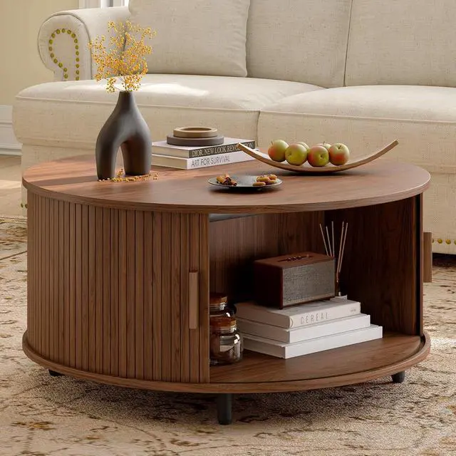 Alt view image 7 of 7 - 31.5 Inch Round Coffee Table, Mid-Century Modern Coffee Table wtih Storage, Fluted Coffee Table with Adjustable Footpads, 360° Rotating Sliding Door, Center Table for Living Room (Walnut)