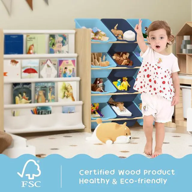 Alt view image 3 of 7 - Kids Toy Storage Organizer - Toy Storage with Bookshelf, Toy Organizer with 12 Blue Bins and 4 Book Shelves, Toy Organizers and Storage for Playroom, Nursery, Kids Room, Burlywood