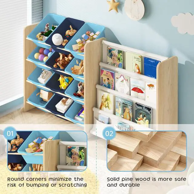 Alt view image 4 of 7 - Kids Toy Storage Organizer - Toy Storage with Bookshelf, Toy Organizer with 12 Blue Bins and 4 Book Shelves, Toy Organizers and Storage for Playroom, Nursery, Kids Room, Burlywood