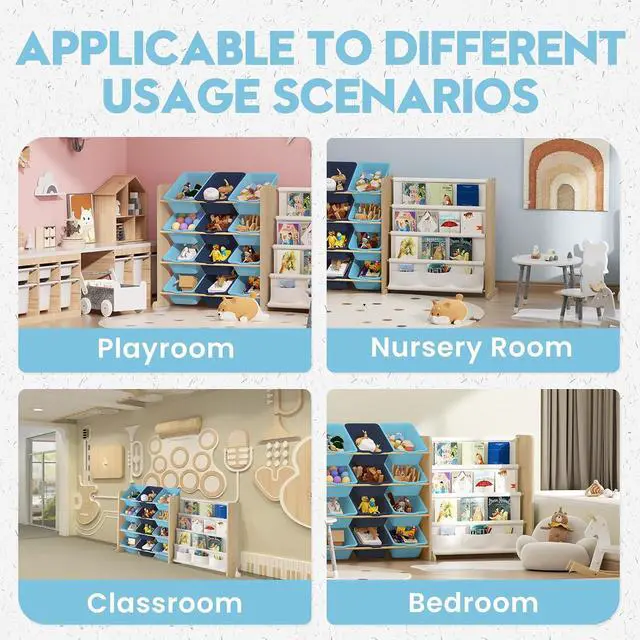 Alt view image 5 of 7 - Kids Toy Storage Organizer - Toy Storage with Bookshelf, Toy Organizer with 12 Blue Bins and 4 Book Shelves, Toy Organizers and Storage for Playroom, Nursery, Kids Room, Burlywood